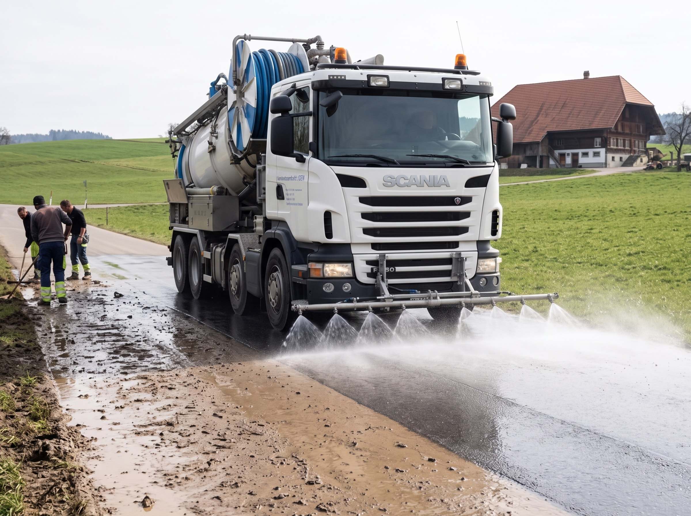 Spülwagen wäscht eine verschmutzte Strasse